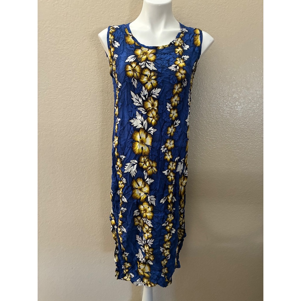 Bali Chic Blue Tropical Hibiscus Floral Crinkle Rayon Midi Dress XL NWT